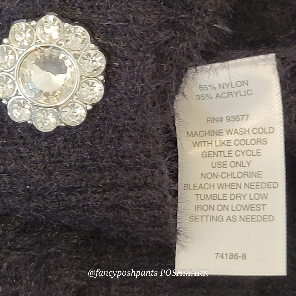 new! Black lux faux mohair boxy Vneck cardigan Liz Claiborne sweater rhinestone - Picture 7 of 17